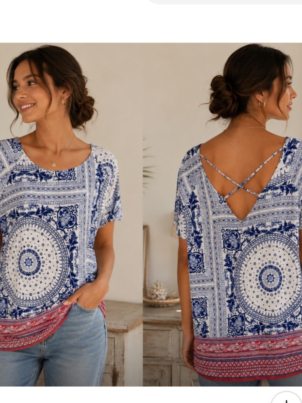 Rose+Olive Tunic Top Women's , BOHO, with criss-cross back detail, size XL